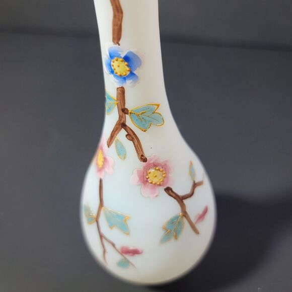 Frosted Glass Bud Face Hand Painted Pink And Blue Flowers on Branch 6" Vintage - Picture 2 of 8